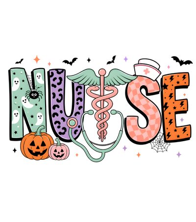 the word nurse is surrounded by halloween decorations Nurse Halloween Nursing Grad Party Ideas, Nurse Aesthetic, Nurse Design, Nurse Life, Grad Parties, white
