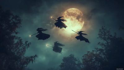 three witches flying through the air in front of a full moon with trees on either side Halloween Triple Monitor Facebook Cover Photos Vintage, Halloween Desktop, Display, Witch, dark slate gray