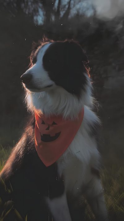a black and white dog with a red bandanna around its neck sitting in the grass Halloween Border Collie Dog Halloween, Husky, Halloween, Dogs, Animals, dark slate gray