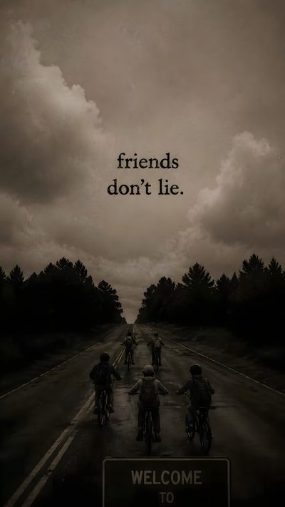 a group of bikers riding down the road in front of a sign that says friends don't lie Stranger Things Halloween Vecna, Strange Things, Stranger Things Iphone, dark olive green