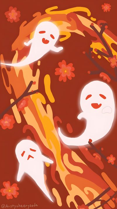 two ghostes with orange and yellow paint on them, one is holding a branch Genshin Impact Halloween Hu Tao Background, Halloween Genshin, Hu Tao Theme, chocolate