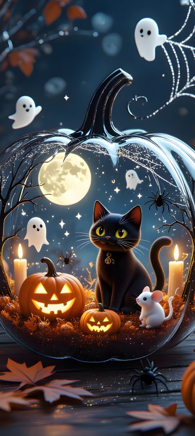 a black cat sitting on top of a pumpkin surrounded by ghost's and candles Halloween Iphone 16 Pro Max Pumpkin Mobile, Beautiful Halloween, Halloween Kitty, dark slate gray