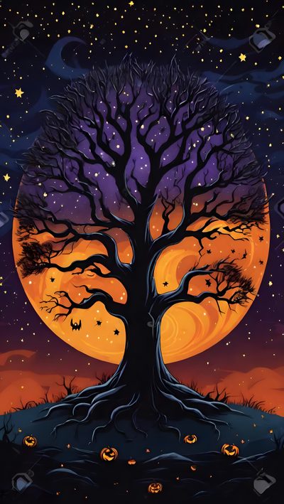 a halloween tree with pumpkins and bats in the background, under a full moon Halloween Tree Halloween Tree Pictures, Halloween Tree Images, Spooky Trees, black