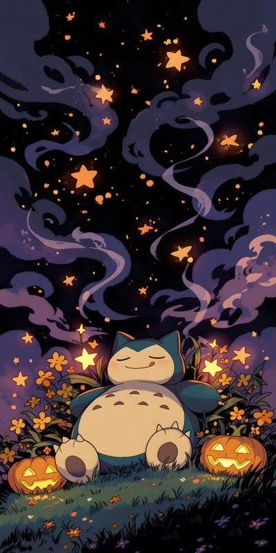 a cartoon cat sitting on top of a hill surrounded by pumpkins Halloween Snorlax Pokémon Halloween, Pokemon Snorlax, Pokemon Halloween, dark slate gray