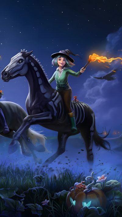 a woman riding on the back of a black horse next to a pumpkin filled field Star Stable Halloween 4k Sso Halloween, Star Stable Halloween Background, Autumn Star Stable Background, dark slate gray