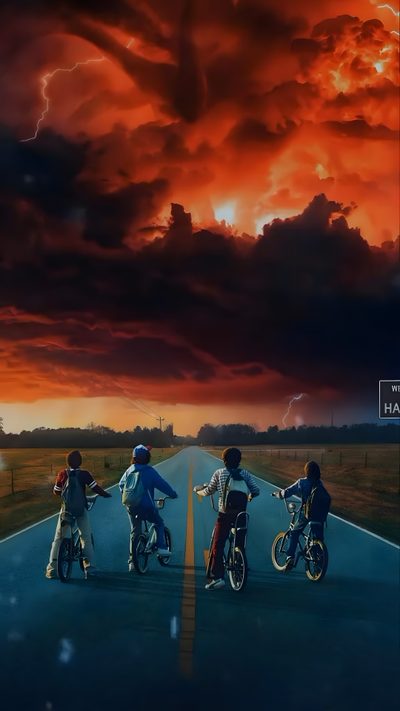 three children riding bikes on an empty road under a cloudy sky with lightning in the distance Stranger Things Halloween Stranger Things Anime, Iphone Stranger Things, Stranger Things Tumblr, black