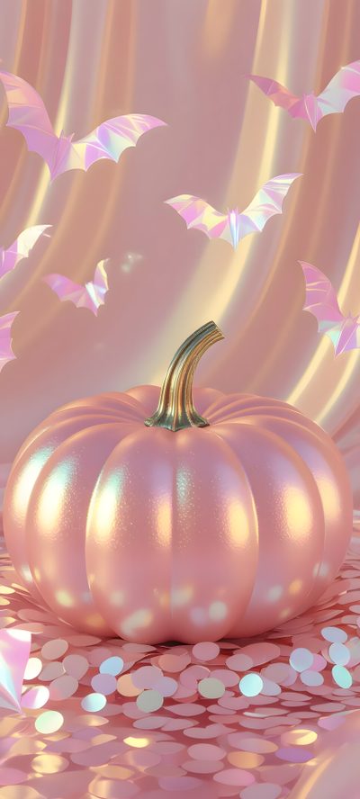 a pink pumpkin sitting on top of a table next to some confetti circles Rose Gold Girly Cute Halloween Season 3, rosy brown