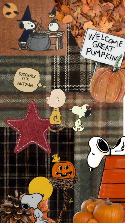 there are many pumpkins and other decorations on this plaid fabric wallpaper with the words welcome to great pumpkin Pinterest Snoopy Halloween Peanuts, Autumn Phone, Halloween Iphone Backgrounds, Halloween Cute, sienna