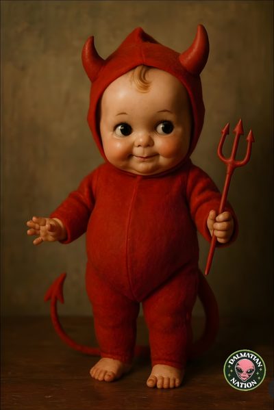 a baby doll dressed as a devil holding a pitchfork Kewpie Halloween Krampus Kewpie, Baby Devil Images, Kewpie Doll Devil, Halloween Kewpie Dolls, maroon