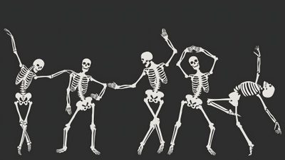three skeletons dancing in the dark with their arms and legs spread out to each other Halloween Dancing Skeleton Halloween Dancing Skeleton, Dancing Skeleton Screensaver, 3 Skeletons Dancing, dark slate gray