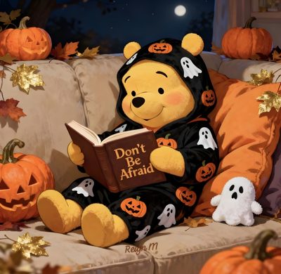 a winnie the pooh bear sitting on a couch reading a book with ghost pumpkins around it Winnie The Pooh Halloween Desktop Winnie The Pooh Autumn, Halloween Eve, Winnie The Pooh Pictures, sienna