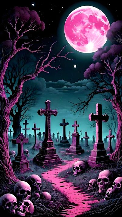 a cemetery with skulls in the foreground and a full moon in the background Dark Pink Halloween Halloween Iphone Backgrounds, Halloween Backgrounds, Halloween Cute, Goth, dark slate gray