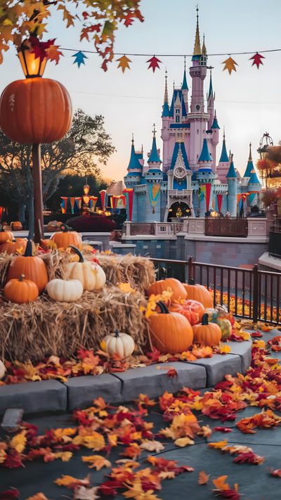 pumpkins and hay bales in front of cinderella's castle at disneyland world Magic Kingdom Halloween Disneyland Fall, Disney Fall Iphone, Disney Christmas Backgrounds, sienna