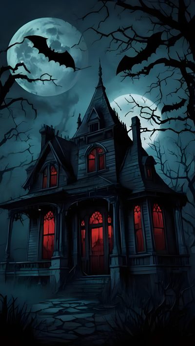 a creepy house with bats and full moon in the night sky behind it is lit up by red light from windows Halloween House Ideas Spooky Haunted House, Spooky Mansion Iphone, Haunted House At Night, Spooky House, black