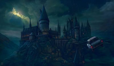 a car is parked in front of a castle at night with the moon behind it Hogwarts Halloween Desktop Harry Potter Banner Image, Harry Potter Notion Cover, Hogwarts Pc Hd, dark slate gray