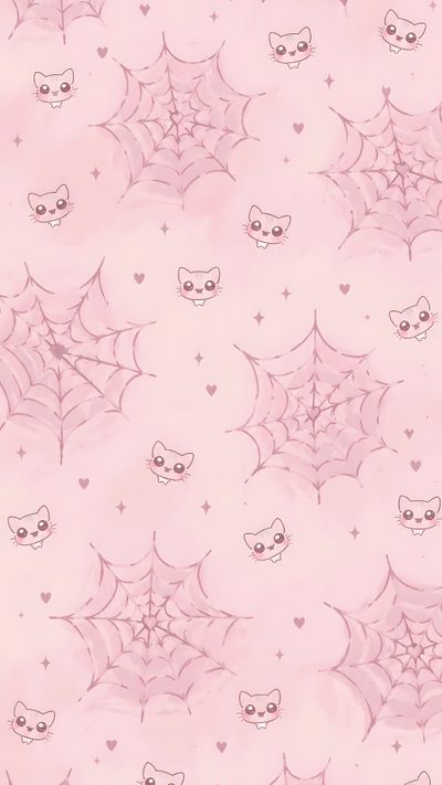 a pink wallpaper with cats and spiderweaves on it's side Halloween Iphone Pink Pink Halloween, Spider Web, Lock Screen, Cat Breeds, Cute Cat, Phone, misty rose