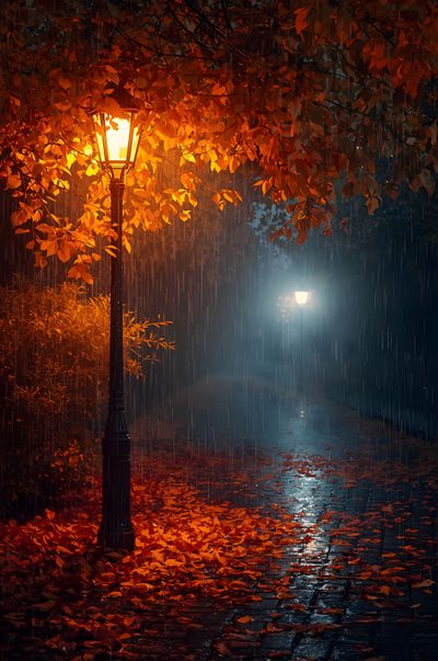 a street light in the middle of an autumn night with leaves on the ground around it Rainy Halloween Night Sky Rain Street, Rainy Street, Watercolor Paintings Tutorials, black