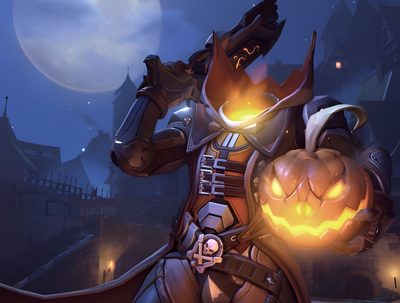 an image of a man dressed up as a demon with a pumpkin in his hand Overwatch Halloween Overwatch Pumpkin Carving, Overwatch Pumpkin, Assassins Creed Ghost Rider, dark slate gray