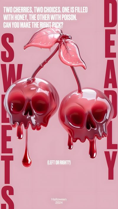 two cherries, two choices, one filled with honey and the other with folson Halloween Cherry Cherry Poster Ideas, Displate Cherry Poster Ideas, Cherry Poster Design Ideas, thistle