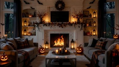 a living room decorated for halloween with pumpkins on the fireplace and candles lit up Halloween Fireplace Halloween, dark slate gray