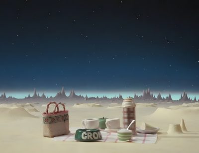 there is a picnic set up in the middle of the desert with food and drinks on it Wallace And Gromit Halloween Background Wallace And Gromit Background, Wallace And Gromit Aesthetic, Wallace And Gromit A Grand Day Out, dark slate gray