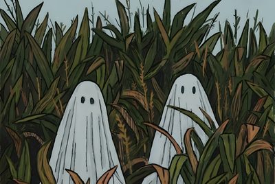 two ghost - like figures in the middle of a cornfield with tall grass and blue sky behind them Green Halloween Desktop Halloween Aesthetic Computer, Desktop Halloween Aesthetic, Halloween Laptop Aesthetic, dark slate gray