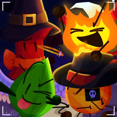 two cartoon characters are standing next to each other in front of a fire and sky Bfdi Halloween Bfdi Halloween, Firey And Leafy Fanart, Bfdi Firey And Leafy Matching Pfp, black