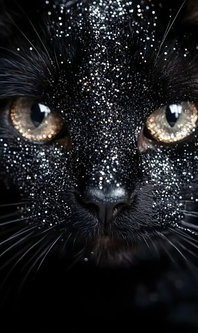 a black cat's face covered in glitter Black Cat Diamonds For Halloween In Glittery Pet Photography Inspiration, Black Cat Glitter, Black Cat With Glitter,