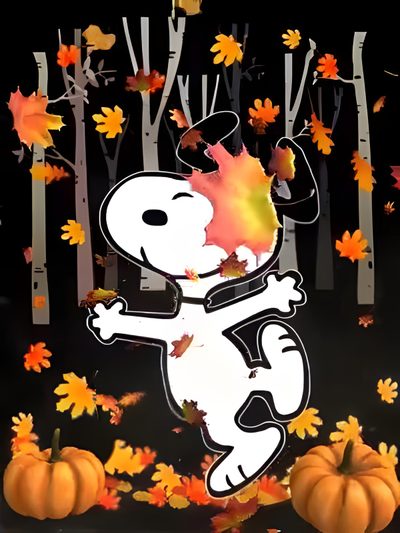 a cartoon dog is dancing in the fall leaves Snoopy Halloween Gif Snoopy Harvest, October Snoopy, Snoopy Hello October, Snoopy Happy Fall, black