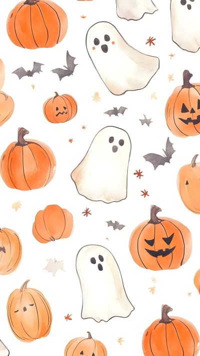 watercolor halloween pumpkins with ghost faces and bats on a white background for wallpaper Preppy Halloween Ghost Fall Aesthetic Halloween, Cute Fall Walpapers, Clean Girl Halloween, snow
