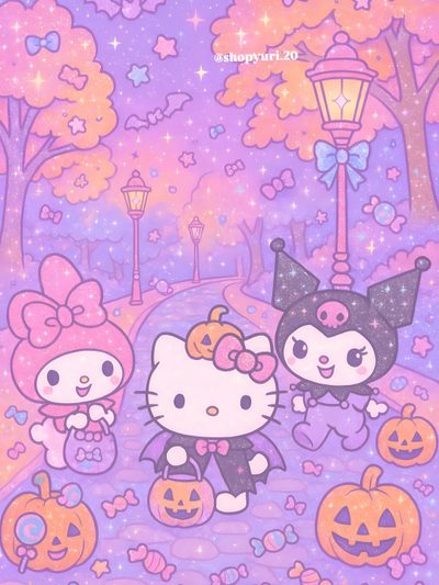 hello kitty halloween wallpaper with pumpkins and cats Sanrio Halloween Pastel Purple Hello Kitty, Hello Kitty Halloween, Kitty, Halloween, Sanrio Characters, plum