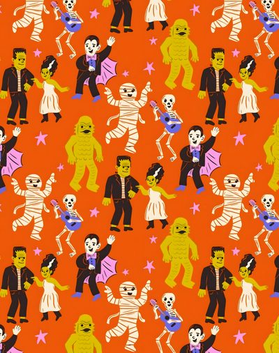 an orange background with cartoon characters on it Halloween Monster Pattern Pattern Halloween, Halloween Characters, Quirky Halloween, orange red