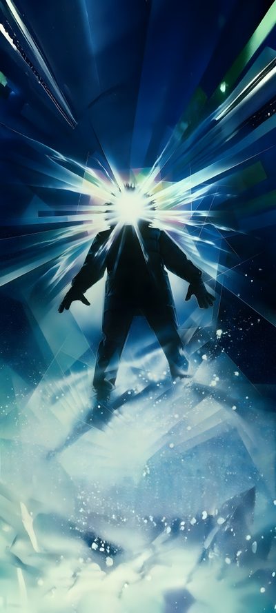 a man standing in the middle of a tunnel with his arms spread out and lights coming from behind him John Carpenter Halloween Abstract Light Burst Art, Creative Digital Art Inspiration, Dark Silhouette With Glow, teal