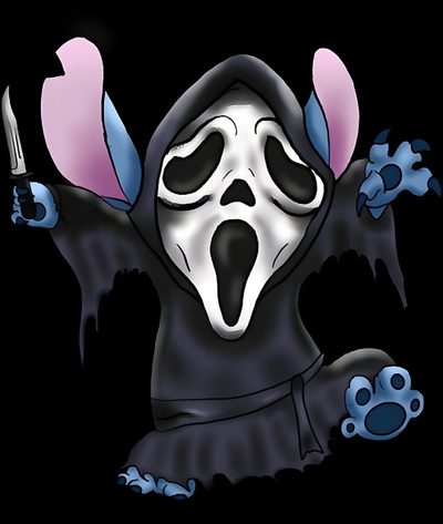 a cartoon character with a knife and fork in his hand, wearing a ghost costume Stitch Halloween Ghostface Stitch Ghostface, Stitch Ghostface Tattoo, Scary Stitch, black