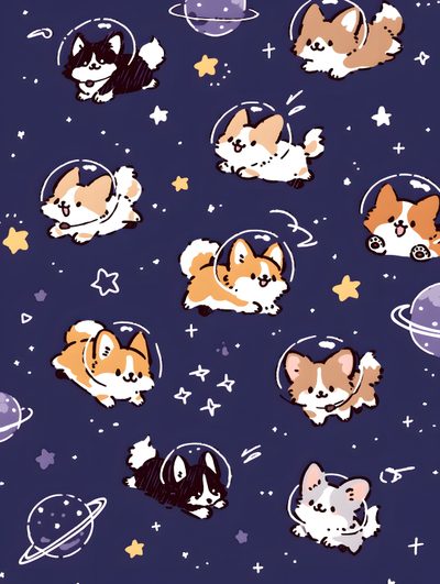 an image of small dogs in space with stars and planets Halloween Corgi Pattern Interstellar, midnight blue