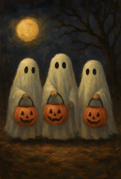 three ghost pumpkins in front of a full moon Halloween 3 Pumpkin Ghosts, Halloween Decor Pictures, Vintage Ghosts, Spooky Cozy, 3 Ghosts, dark slate gray