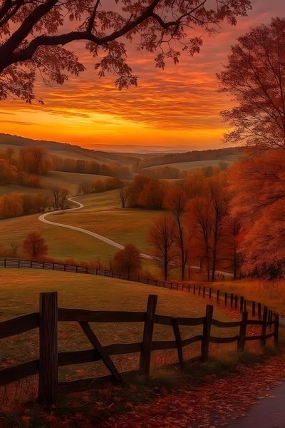 an autumn sunset over a country road and fields with trees in the foreground, along with a wooden fence Halloween Sunrise Landscapes Images, Fall Feels Aesthetic, Autumn View, Country Autumn, saddle brown