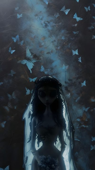a woman in a white dress standing under a veil with blue butterflies flying around her Halloween Iphone Corpse Bride Air Algerie, Bride Quotes, Emily Corpse Bride, Corpse Bride Art, dark slate gray
