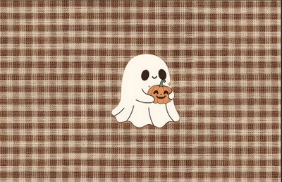a white ghost with a pumpkin in its mouth on a brown checkered table cloth Aesthetic Cute Halloween For Ipad Fall Background, rosy brown