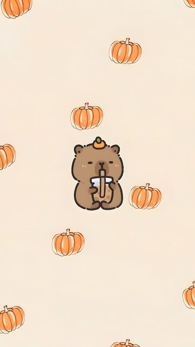 a bear with a crown on its head surrounded by pumpkins and small ones in the background Capybara Halloween Winnie The Pooh Drawing, Cute Lockscreens, Halloween Cute, antique white