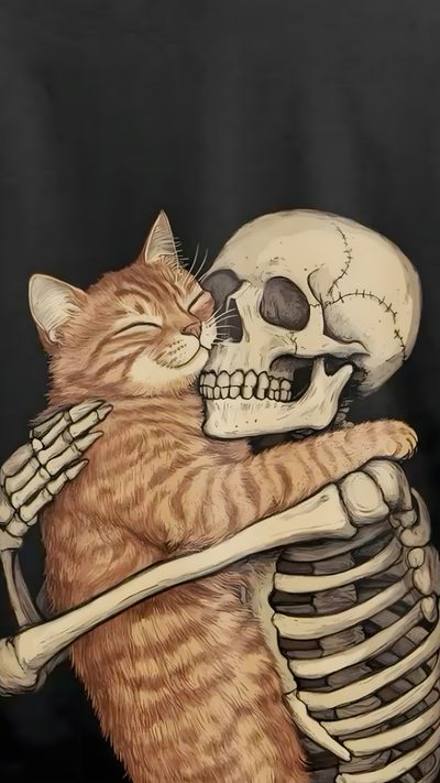 a cat is hugging a skeleton with its head on it Halloween Skeleton Cat Cat Skeleton, Cat And Human Skeleton, Skeleton Holding Cat, dark olive green