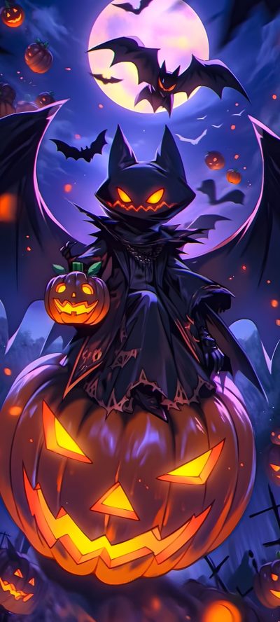 a cat sitting on top of a pumpkin in front of a full moon with bats Anime Halloween Phone Spooky Cats, Pokemon Halloween, Halloween Cat Backgrounds, dark slate gray