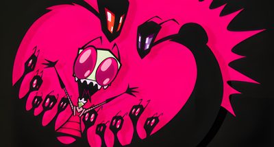 a pink and black bird with spikes on its head is in front of a dark background Invader Zim Halloween Invader Zim Ipad, Invader Zim Computer, Invader Zim, Dib, Invader Zim Backround, maroon