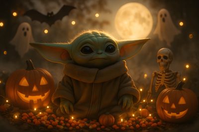 a baby yoda sitting in front of pumpkins and jack - o'- lanterns Baby Yoda Halloween Star Wars, Cute Gifts, Star Wars Baby Yoda Background, Baby Yoda Pumpkin, maroon