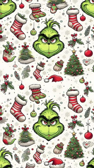 the grin face and christmas stockings are all over this white background with red, green, and Grinch Halloween Grinch Screensaver, Purple Grinch, Cute Grinch, Grinch Background, gainsboro