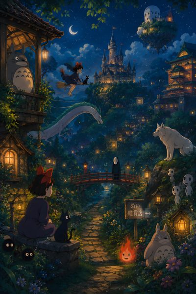 an animated scene with cats, dogs and other animals in the park at night time Ghibli Halloween Spirit World, Studio Ghibli Aesthetic, Studio Ghibli Art, Ghibli Art, dark slate gray