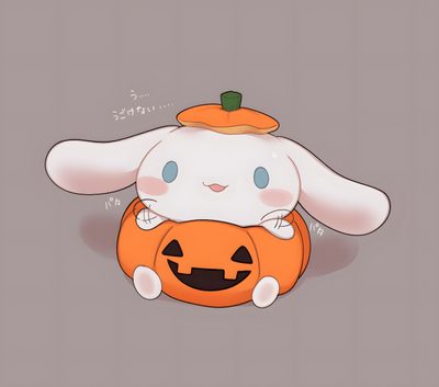 a rabbit sitting on top of a pumpkin with its head in the shape of a pumpkin Cinnamon Roll Hello Kitty Halloween Cute Flower Drawing, Kitty Drawing, Cute Cartoon Images, rosy brown