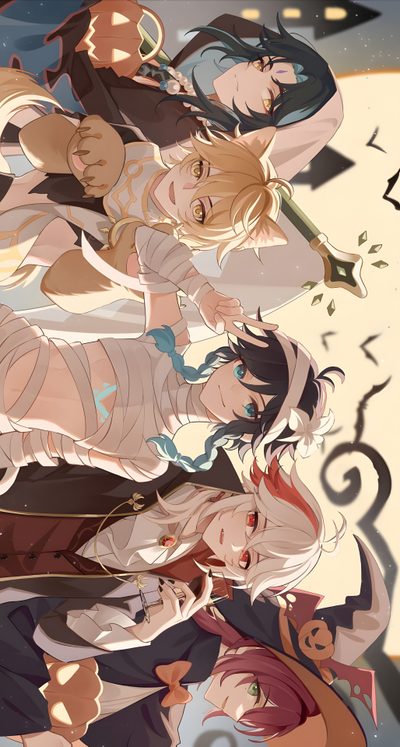 some anime characters standing together in front of a clock Halloween Genshin Halloween Art, Boys, Halloween Boys, The Manga, Character Illustration, rosy brown