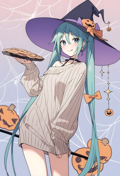 a woman with long blue hair wearing a witches hat and holding a tray of food Hatsune Miku Halloween Fall Miku, Miku Witch, Hatsune Miku Halloween, Halloween Miku, light gray