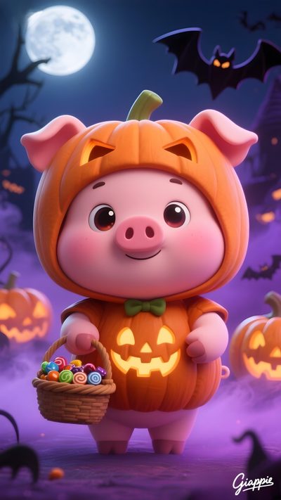 a little pig in a pumpkin costume holding a basket full of candies and candy Cute Halloween Pig Halloween, Halloween Animals, Scary Photos, dim gray